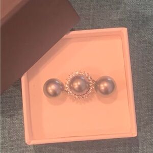 Black Pearl with silver hue earrings & ring set with white sapphires